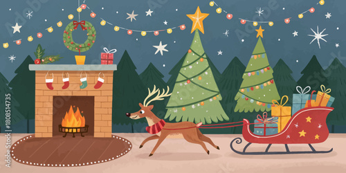 Vector  christmas  festive christmas scene with reindeer pulling a gift filled sleigh