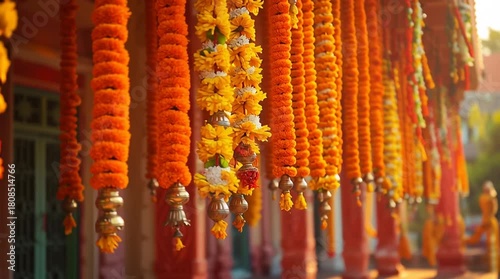 Marigold flower garlands hanging at temple entrance