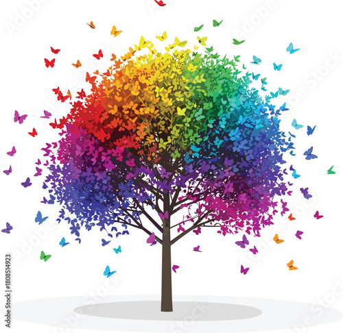 Rainbow butterfly tree with colorful gradient wings replacing foliage, whimsical nature art on white background with soft shadow
