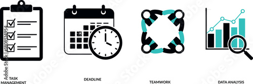 Business concept icons representing task management, deadline, teamwork, and data analysis, symbolizing productivity and efficiency