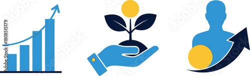 Business growth and investment concept with bar graph, plant in hand, and person with arrow