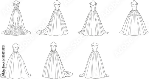 Seven elegant wedding dress designs on mannequins showcasing diverse bridal styles, necklines, skirts, and embellishment variations