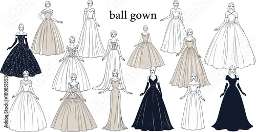 Stylized ball gown fashion illustration featuring 14 elegant dress designs in various colors and styles on female figures