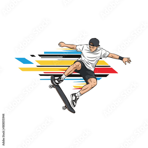 Skateboarder in MidAir Performing Trick with Colorful Abstract Background.