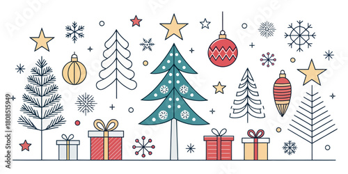 Vector  christmas  assortment of christmas trees gifts ornaments and snowflakes design