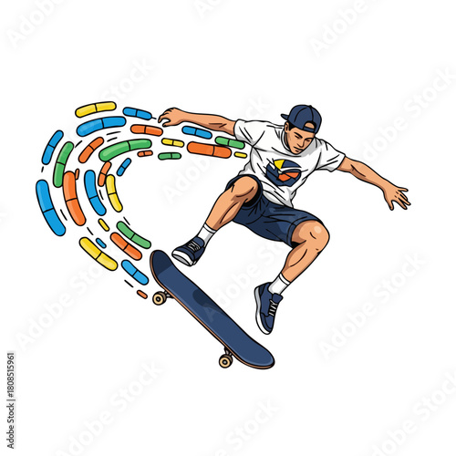 Skateboarder in MidAir with Pill Trail Illustration.