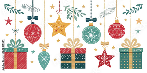 Vector  christmas  assorted christmas ornaments and presents hanging on strings design