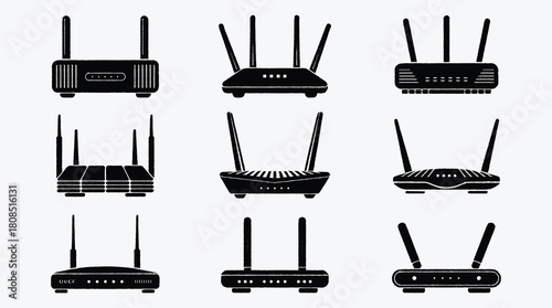 Set of network router device silhouette with multiple antenna for wireless connection