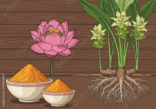 Turmeric plant, lotus flower, turmeric powder, herbal medicine, natural remedy, Ayurveda concept, rustic background, organic spice, healing roots, botanical illustration