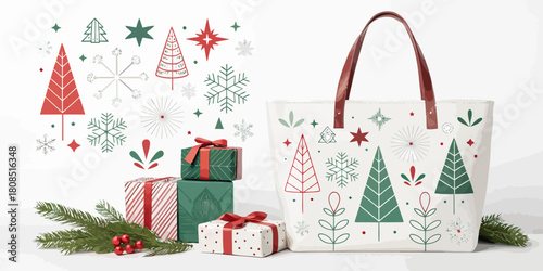 Vector  christmas  festive holiday scene with gifts and a decorated christmas tote bag