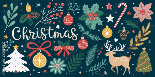 Vector  christmas  christmas themed illustration with deer ornaments and christmas tree