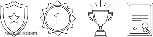 Illustration of a shield, first place badge, trophy, and certificate, representing achievement and recognition