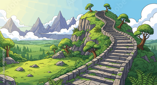 Winding stone staircase ascending lush green hill with stylized trees, sunbeam sky, and distant mountains in scenic landscape