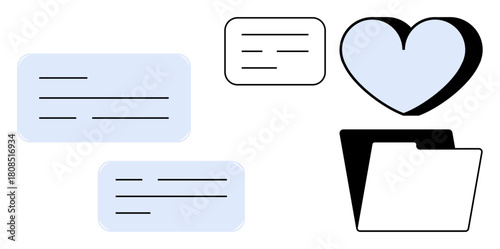 Notes, folder, and heart symbol arrangement emphasizes data organization, prioritization, and favorite categorization. Ideal for productivity, office, organization, education management information