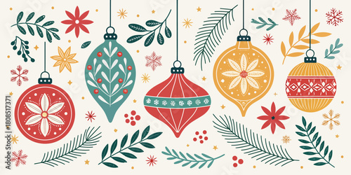 Vector  christmas  ornate christmas ornaments and floral decorations festive design