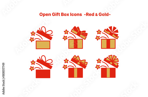 開いたプレゼントボックスのアイコンセット（レッド＆ゴールド・6種類）