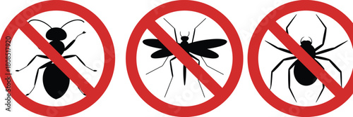 Anti pest control warning signs with crossed out insect silhouettes including ant mosquito and spider symbols for protection safety and extermination