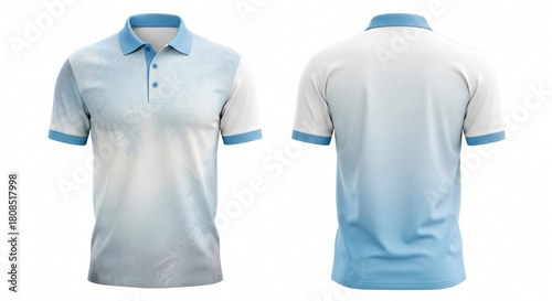 Realistic men's polo shirt mockup featuring blue and white gradient fade effect showing front and back view isolated on white background.