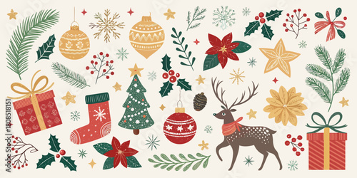 Vector  christmas  christmas themed elements including ornaments and a reindeer image
