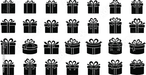 Gift box silhouette vector set, present collection, holiday package icons, birthday celebration design, wrapped surprise box, black ribbon symbol