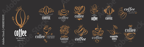 A set of vector logos of natural coffee beans, hand-drawn