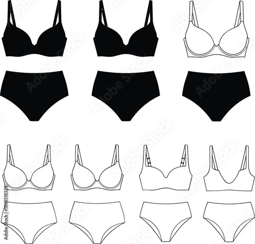 Black and white lingerie outline set featuring bras and panties, minimalist underwear icons, fashion garment illustrations for apparel design use