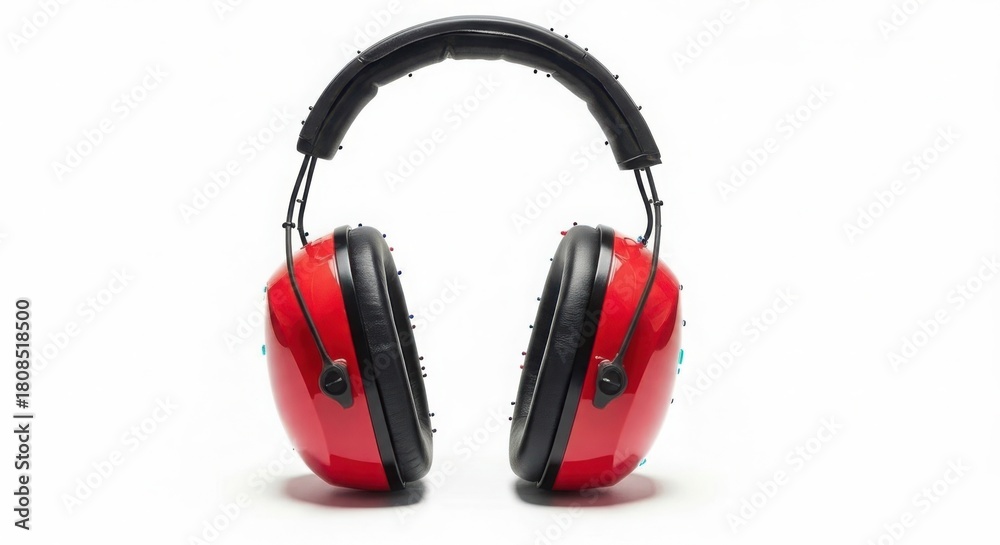 Fototapeta premium Bright red and black noise cancelling earmuffs on white background