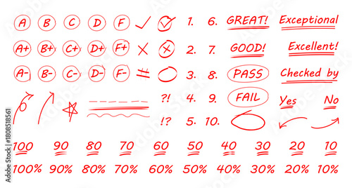 hand drawn red pen grades and numerical doodles, different signs of homework and exam check vectors, editable stroke