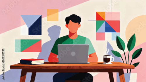 Illustration Of A Boy Studying Online At Home With A Laptop Vector Design Template