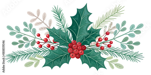 Vector  christmas  a festive arrangement of holly leaves berries and evergreen sprigs