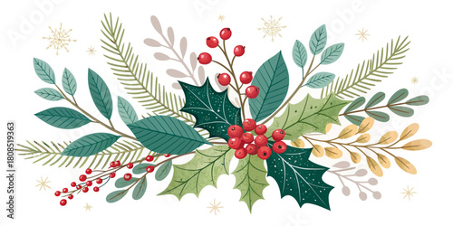 Vector  christmas  illustration of assorted leaves and berries for christmas season