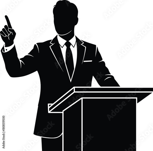 Businessman giving motivational speech at podium, leadership presentation silhouette illustration, public speaking concept with raised hand gesture for communication