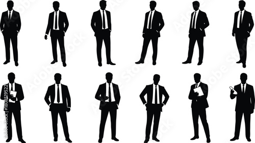 Businessman silhouette icon set featuring professional male figures in suits, corporate poses, leadership concepts, office symbols and executive illustration elements