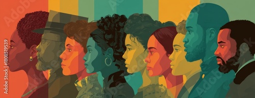 Group of black people in profile against colorful backdrop, heritage month concept