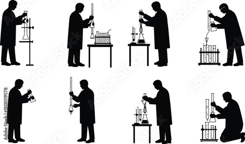 Laboratory experiment silhouette, scientists working, chemistry lab, glassware usage, scientific research, test tube, beaker, flask, measurement, observation