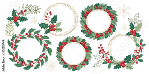 Vector  christmas  collection of christmas wreaths with holly and red berry accents