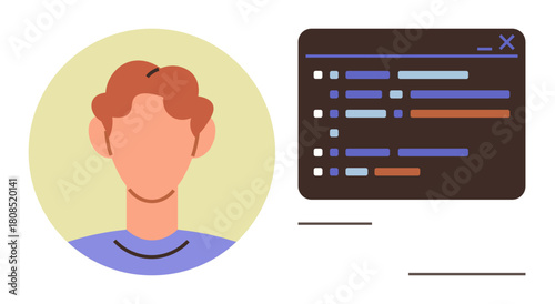 Avatar of a person next to a code editor window featuring lines of code. Ideal for programming, developer identity, software development, coding, technology education, IT projects, simple flat