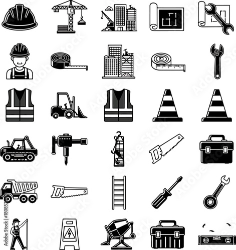 Construction Site Icons Set Featuring Hard Hat, Crane, Buildings, Blueprints, Wrench, Vest, Forklift, Traffic Cones, Jackhammer, Saw, Toolbox, Truck, Ladder, Screwdriver, and Level
