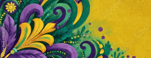 Colorful abstract floral design with purple, yellow, and green elements, Mardi Gras background 