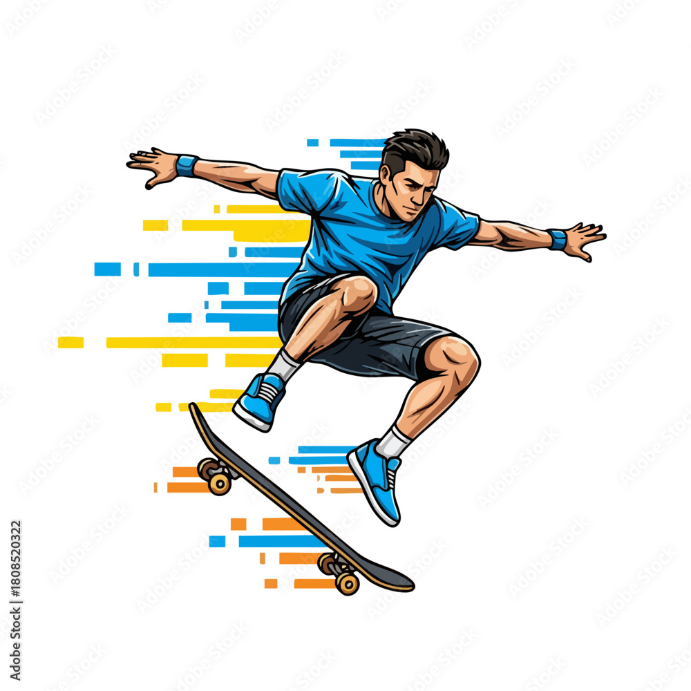 Fototapeta premium Skateboarder Performing a Trick MidAir with Dynamic Motion Lines.