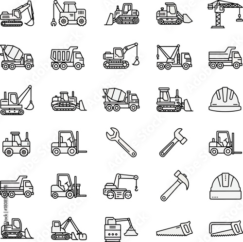 Construction vehicles and tools icons set, excavator, cement mixer, crane, forklift, hammer, wrench, hard hat