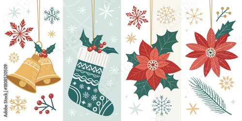 Vector  christmas  festive christmas ornaments including bells stocking and poinsettias
