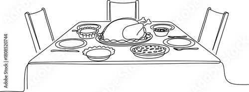 Line drawing of a Thanksgiving dinner table setting