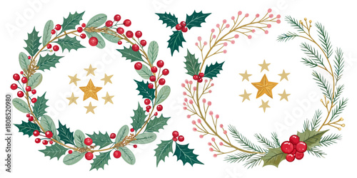 Vector  christmas  two christmas wreaths with holly berries and golden star accents