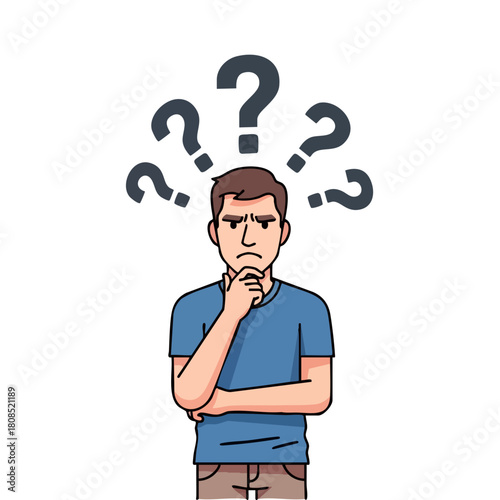 Cartoon illustration of a confused young man thinking with question marks floating above his head.