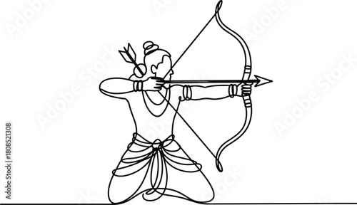 One line drawing of a man aiming a bow and arrow line art