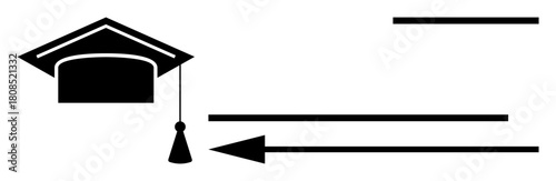 Education symbol. Graphic depiction of a graduation cap alongside an arrow academic achievement and guidance. Education for success, career growth, student goals, and learning paths