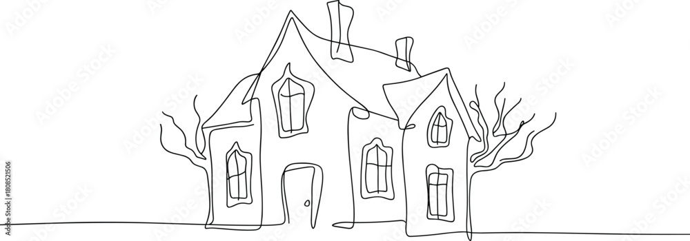 Obraz premium Single line drawing of a house with trees outline architecture