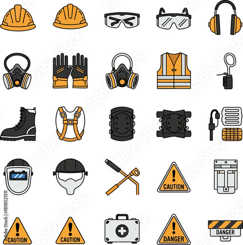 Collection of Personal Protective Equipment Icons Including Helmets, Goggles, Gloves, Masks, and Safety Vests