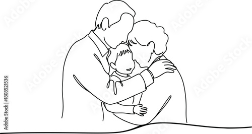 Family hugging with a child in the middle parents love